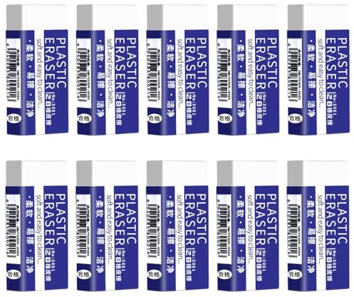 BAVALIN 10 Pcs White Plastic Rubber Erasers - Soft 2B, Rectangular, Non-Toxic, Portable Design, Ideal for Students, Painters, Kids