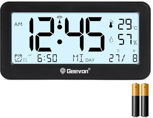 Geevon DCF Réveil numérique radio-piloté avec grand écran LED Température et humidité de l'air pour chambre à coucher, salle de bain et salon, design moderne (347 noir avec batterie)
