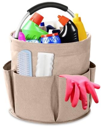 GIDWRIY Cesta Productos Limpieza con Asa,Bolsa de Limpieza Plegable,Bolsa Redonda Herramientas,Cubo Organizador de Limpieza Portatil,Porta Productos de Limpieza,Cesta de Limpieza Profesional-Caqui