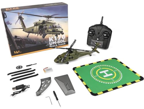ToyGhillied WL K170 Black RC helikopter för vuxna, UH-60L borstlös 4CH-helikopter, utomhus RC flygplansmodell, gasreglage justerbar (RTF-version)