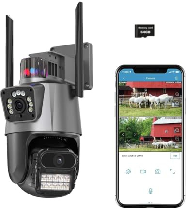 lvssiao Utomhuskamera, med dubbel lins, 2K/6MP utomhus-wifi-övervakningskamera, 360° PTZ övervakningskamera + 64G SD-kort, nattseende mänsklig detektering, IP66