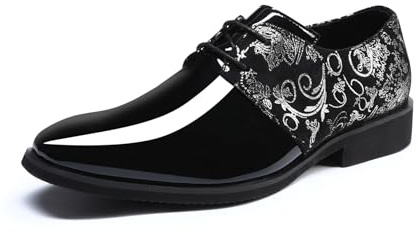 YFFUSHI Scarpe Uomo Formali Punta Affusolata Jacquard Pelle Lucida Derbys Affari Lacci Brogues Traspiranti, Nero Specchio e Argento Ricamati, 43