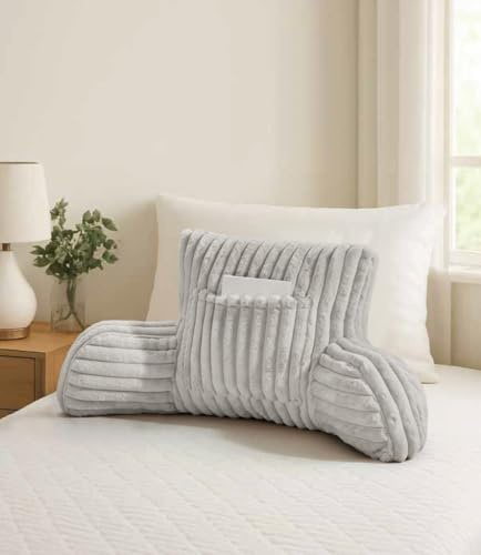 Pinkfairy Faux Fur Reading Pillow with Arms, Super Soft Ribbed Cuddle Cushion with Pockets – Back Support Pillow for Bed, Gaming & Sitting Up (Grey, 50 x 40 x 38 cm)