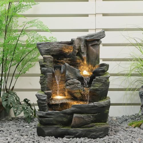 Sunlinua 60 cm H 5-stufiger Kaskadenbrunnen aus Felsen für den Außenbereich – Moderner Standbrunnen für drinnen und draußen, geeignet für Garten, Terrasse, Hinterhof, Verand