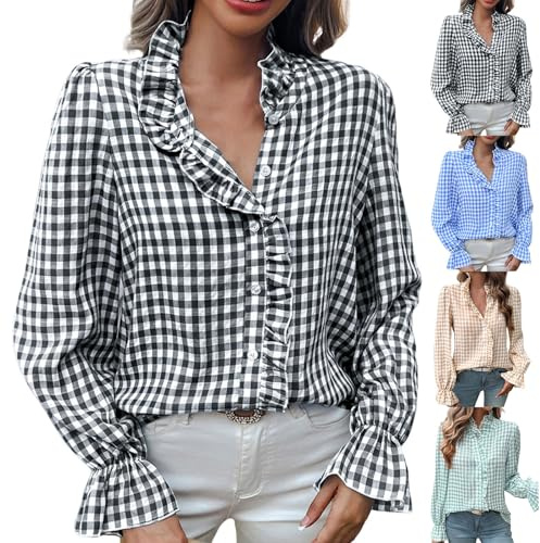 Rutig blus damer, långärmad skjorta damer, rutig bomull, långärmad skjorta med puffärmar, blusskjorta, ruffle volangblus, lösa blusar, termo-t-shirt, elegant t-shirt, modern blusskjorta, lätt, Grön