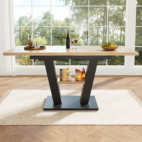FammyLoft Extendable Dining Table for 6-8 People, Kitchen Dining Table Extends from 118 to 157 cm with V-Shaped Legs for Kitchen or Living Room, Black and Natural, Table Only