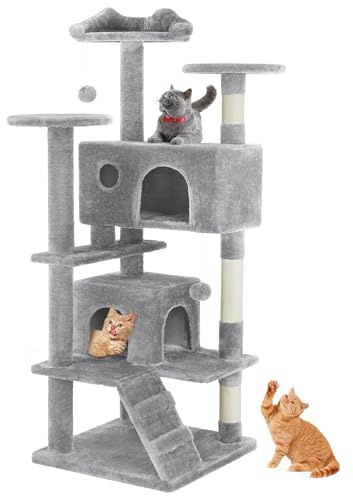 Sweetcrispy 54 Inch Cat Tree Tower, Multi-Level Tower with Cat Scratching Post, Indoor Cat Condo with Climbing Ladder, Plush Toy, Play House for Cat, Light Grey