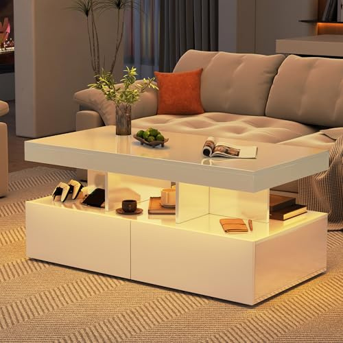 WOBOPCG Mesa de centro brillante blanca con LED, moderna mesa de centro con 2 cajones, mesa de centro de 2 niveles, 104 x 53 x 46 cm (blanco-2)
