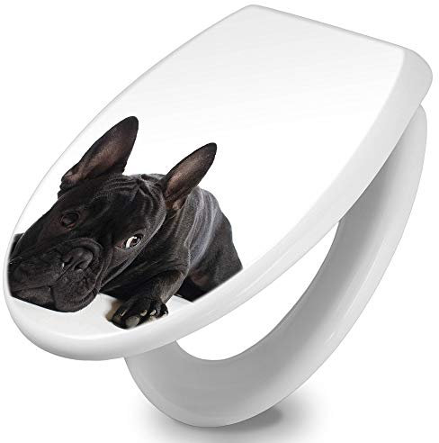 banjado Toilettendeckel mit Absenkautomatik 44,5x37cm / WC Brille Soft Close/hygienischer Toilettendeckel/Klodeckel Duroplast Edelstahl Scharniere einfache Montage/Motiv Bulldogge