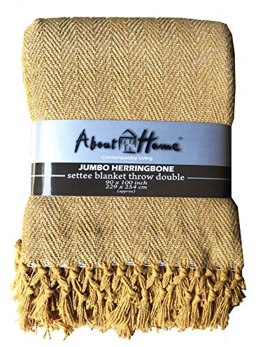 About Home - Coperta in cotone ricco a spina di pesce, copridivano, colore: senape, matrimoniale, molto grande, 228 x 254 cm, 228 x 254 cm