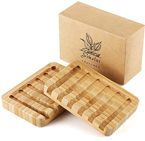Bamboo Wooden Soap Dish Holder, soap case self draining Waterfall Drain Soap dish Tray bar soap saver for Shower, Bathroom, Kitchen, Bath Tub, Razor, Sponges, Counter Top（2 Pack））