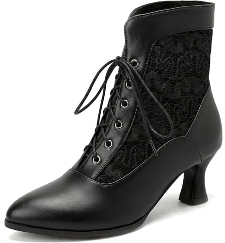 LanreyTaley Women Victorian Lace Booties Wedding Bridal Ankle Boots Witch Costume Boots Mid Heel Black Size 43 Asian