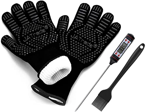 JATrade Guantes para barbacoa con termómetro y pincel para marinar, guantes ideales para barbacoas, brasero, horno holandés, extremadamente resistentes al calor hasta 800 C, set de accesorios