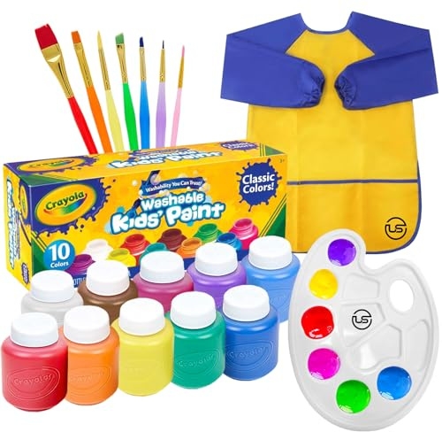 Kids Painting Set, Washable Paint for Kids 10 Colors, 7 Paintbrushes, Paint Palette, Painting Smock, Non Toxic Tempera Paints 2 oz Each,Paints for Toddlers Gifting bundle Art, Crafts