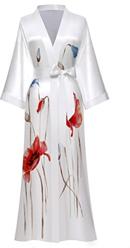 EORUBE Kimono Lungo Accappatoio Donne Cover Up Stampa Floreale Raso Indumenti Da Notte Accappatoio di Seta Addio al Nubilato Accappatoio (Bianco - Rugiada mattutina)