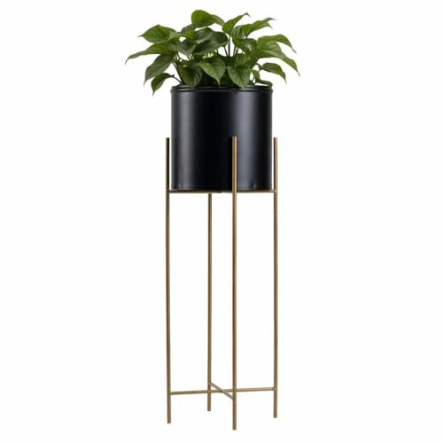 HowHomely Présentoir à fleurs, moderne, en métal, 75 cm de haut, avec pot de fleurs rond noir de 21 cm de diamètre, sur support doré robuste, de style loft, pour la décoration intérieure