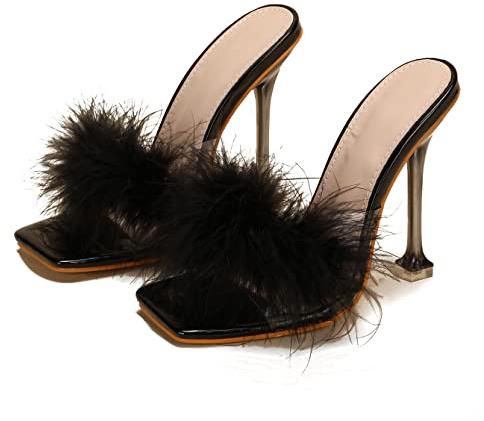 azmodo Women Faux Fur Clear PVC Slippers Square Toe Stilettos Slides High Heels Sandals Mules Party Glass Heels (Black, 4.5-5 UK)