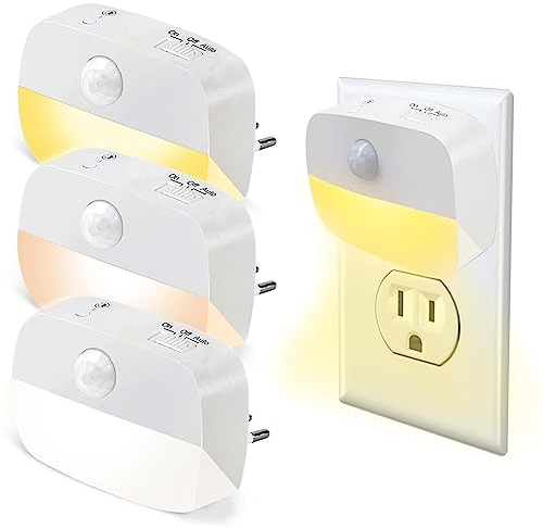 Luce Notturna da Presa, 4 Pezzi 3 Modalit(AUTO/ON/OFF) con Sensore, 3 Colori Chiari Regolabile, LED Lampada da Comodino per Armadio, Scale, Bagni, Corridoi (4 Pezzi)