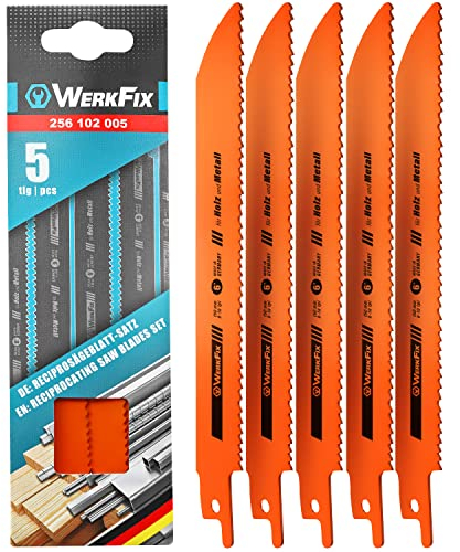 Werkfix Jeu de 5 lames de scie sabre pour le bois et le métal/MADE IN GERMANY/accessoires pour scies sabres, lame de scie réversible pour coupes rapides HSS-Bi 150 mm. 8-10 tpi 6 5 pièces