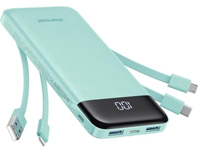 Charmast Power Bank 10000mAh con Cables Integrados, USB C Cargador Portátil 5V / 3A Powerbank Pantalla LED con 6 Salidas y 3 Entradas para iPhone Samsung Huawei Xiaomi