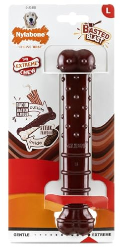 Nylabone, Basted Blast, Effet à mâcher extrêmement Fort, Jouet pour Chiens en Nylon, Forme d'os, Os à mâcher Durable, Goût : Bacon et Steak, Grand, pour Chiens jusqu'à 23 kg