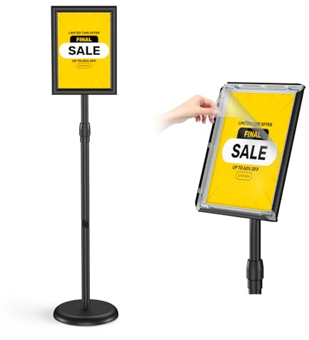 Hemndic Sign Stand Holder 8.5x11 Inches, Stand Up Sign Holder 8.5 x 11 with Rotated Frame, Height Adjustable Sign Stand and Snap-Open Frame