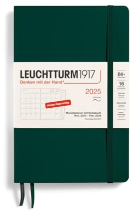LEUCHTTURM1917 370611 Monatsplaner & Notizbuch Paperback (B6+) 2025, 16 Monate, Softcover, Forest Green, Deutsch