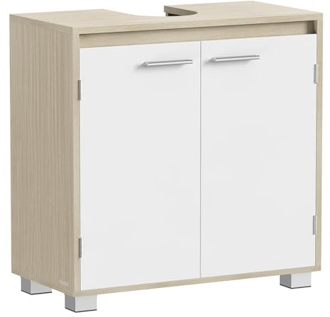 VASAGLE Meuble sous Lavabo, Meuble de Salle de Bain, 2 Compartiments derrière Les Portes, pour Divers Types de Lavabos, avec Pieds, 30 x 60 x 60 cm, Beige Naturel et Blanc Nuage BBK506L01