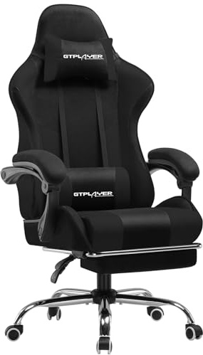 GTPLAYER Fabric Gaming Chair, Massage Ergonomic Computer Chair with Footrest, Lumbar Support, Headrest, Height Adjustable Home Office Reclining PC Racing Chairs, Black