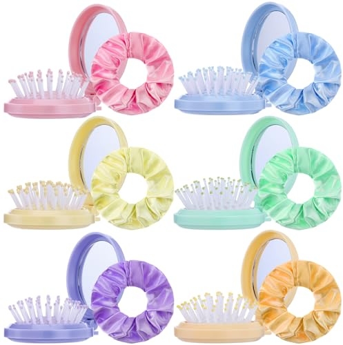 12 Pcs Mini Hair Brush with Mirror and Scrunchies Portable Travel Hairbrush Compact Folding Brush Pastel Satin Hair Scrunchies for Girls Women Girls Trip Favors Gifts