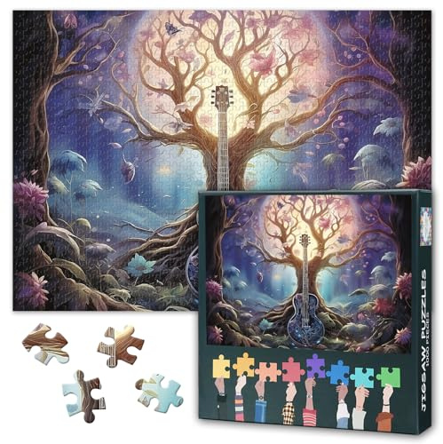 Jigsaw Puzzles for Adults 1000 Fantasy Tree,Hard Difficult Challenging Family Puzzle Guitar and Flowers, Educational Puzzle Games Home Decoration 27.5x19.7 Inch (Forest and Moon)