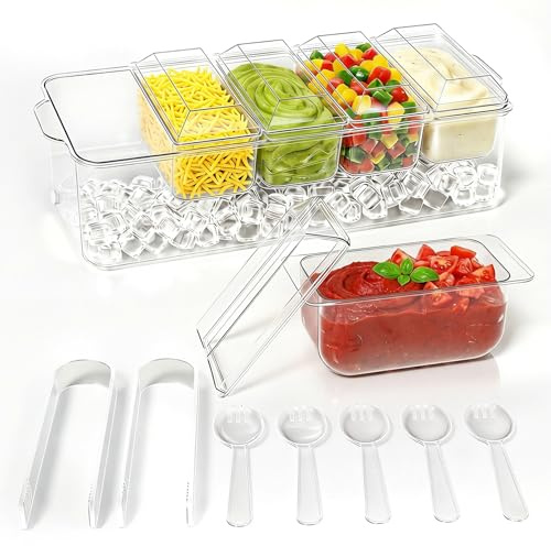 ARSTPEOE Condiment Tray, Chilled Condiment Server for Home, Party, Celebration, Bar Garnish Holder on Ice, Bar Accessories Fruit and Salad with Removable Trays and Lids (5 Spoons & 2 Tongs)