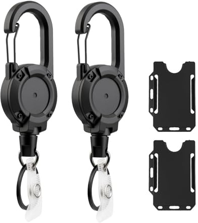 Heavy Duty Retractable Keychain 2Pack Retractable Lanyard Keyring Carabiner | Lightweight Badge Reel Extendable Badge Holder with 23.6'' Thick Steel Cord and Tactical Id Badge Holder for Name Card, Black