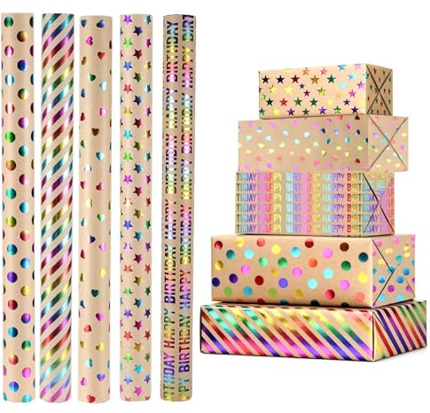 Freyeeti 5 Rollos Papel de Regalo, 43 cm x 300 cm Rollo Papel Kraft Decorado, Con adhesivo de doble cara, Para Cajas De Regalos,Envoltorio De Regalos,Decoración Navidad