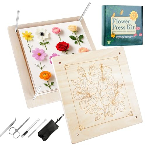 Kit di pressa per fiori in legno per piante - 27,5 x 27,5 cm - Kit fai da te per pressare e asciugare fiori e piante - Riutilizzabile - Per adulti e bambini - Per gli amanti della