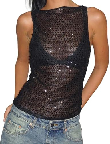 Women Sequin Sleeveless Tank Top See-Through Sheer Glitter Sparkly Cropped Vest Sexy Party Blouse Going Out Streetwear (Black A, S)