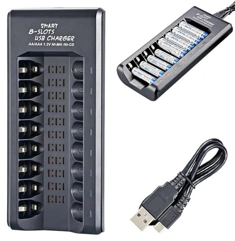 BAAQII 8 fack snabb batteriladdare för AA/AAA Ni-MH/Ni-Cd uppladdningsbara batterier, ingång 5 V 2 A snabb batteriladdning