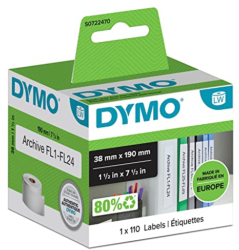 DYMO Original LabelWriter-Ordner-Etiketten | 38 mm x 190 mm | Rolle mit 110 leicht ablösbaren Etikettenband | selbstklebend | für LabelWriter Etikettendrucker und Beschriftungsgerät
