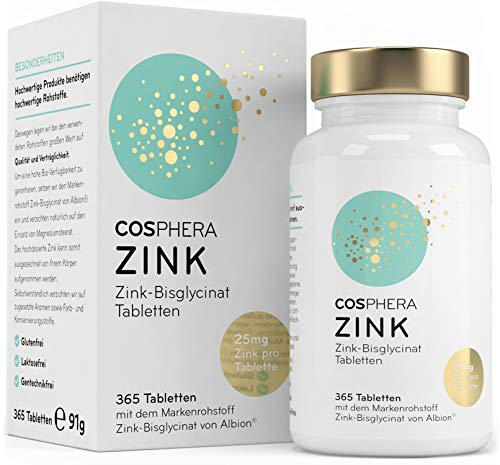 Zink Tabletten - Hochdosiert mit Markenrohstoff - 25 mg Zinc Bisglycinat pro Tablette - 365 vegane Tabletten im 1-Jahresvorrat - Gut verwertbares Zinkchelat für Haare, Haut und Nägel von Cosphera