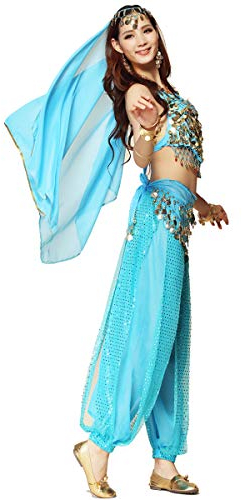 Wuchieal Bauchtanz Kostüm Damen Phantasie 4 Teile Bauchtanz Outfits Kostüm (Hellblau, One Size)