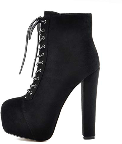 Only maker Damen Schnürstiefeletten Plateau Blockabsatz Ankle Boots Lace up Warm Gefüttert Flanell Schwarz 46 EU