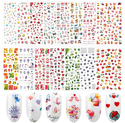 Jubaopen 1500+ Stück Nagel Sticker Sommer Selbstklebend Nail Art Aufkleber Nageldesign Sticker Blume Tier Obst Meerjungfrau 3D Nagelaufkleber Fingernägel Tattoos für Frauen Mädchen Kinder (15 Blatt)
