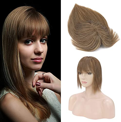 Silk-co Hair Topper Capelli Veri Umani Frangetta Clip in Extension #6 Marrone Chiaro Remy Hair 44g Toupet Donna Capelli Umani Brasiliani 35cm