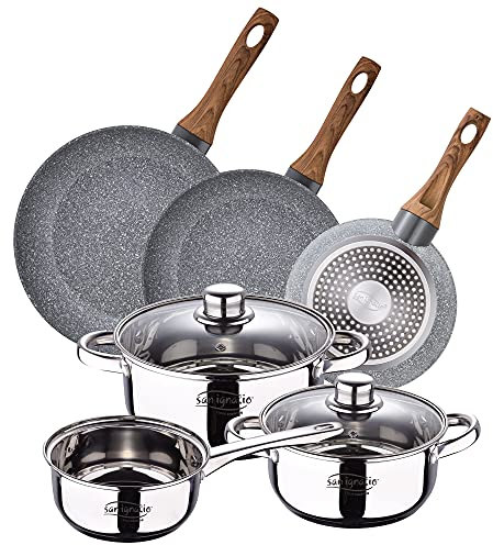 San Ignacio batería 5 Piezas + Set 3 sartenes, Acero Inoxidable, Cromado, Pack + 20/24/28 cms