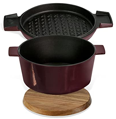 Stanley Rogers Cocotte runder Gusseisen Bräter emailliert 3,5l 24cm bordeaux I Inklusive Grillpfanne als Deckel und magnetischem Untersetzer aus Holz