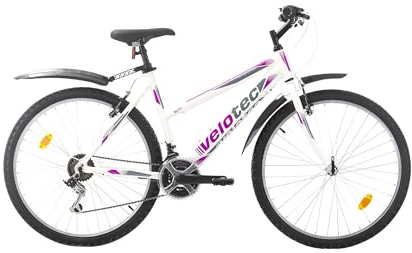 Multibrand Velotec 6th Sense Vélo VTT 26 Pouces en Aluminium, 18 Vitesses, Frein V-Brake, vélo pour Filles et Femmes, Convient pour 150–175 cm (Blanc avec Rose et Gris)