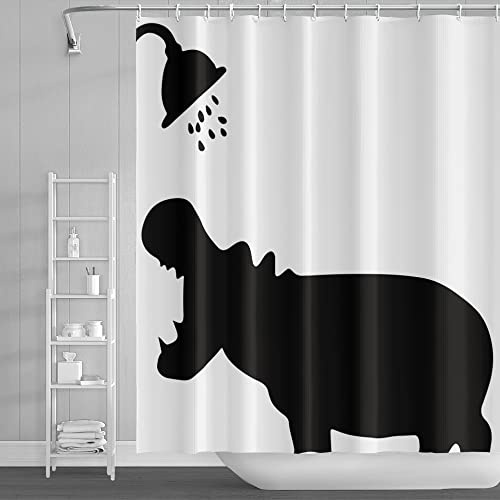 SDOTPMT 122x183cm Tier Silhouette Duschvorhang Abstrakt Nilpferd Baden Riesig Wild Tier Badevorhang Weiß Badewannenvorhang für Kinder Badezimmer Polyester Wasserdicht mit Haken