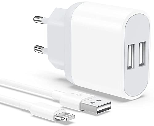 Cargador iPhone, 2-Pack USB Enchufe y 2M Cable per iPhone 8 7 6 6S XR X XS Plus 11 12 13 14 Pro MAX SE Mini 5 5S 5C, Pad, 5V 2.1A USB Rápida Charger Adaptador Carga Cabezal Pared Corrient Nisiyama