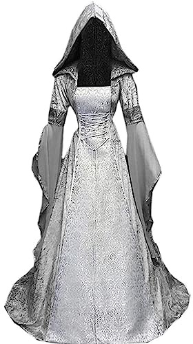 Sangdut Abito da donna retrò medievale da strega con maniche a sbuffo, abito lungo gotico con cappuccio rinascimentale vittoriano, costumi per feste di Halloween e cosplay (Argento, S)
