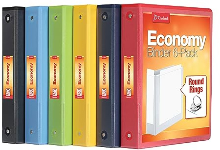 Cardinal 3 Ring Binders, 1.5 Inch, Round Rings, Holds 350 Sheets, ClearVue Presentation View, Non-Stick, Assorted Bright Colors, 6 Pack (79557)